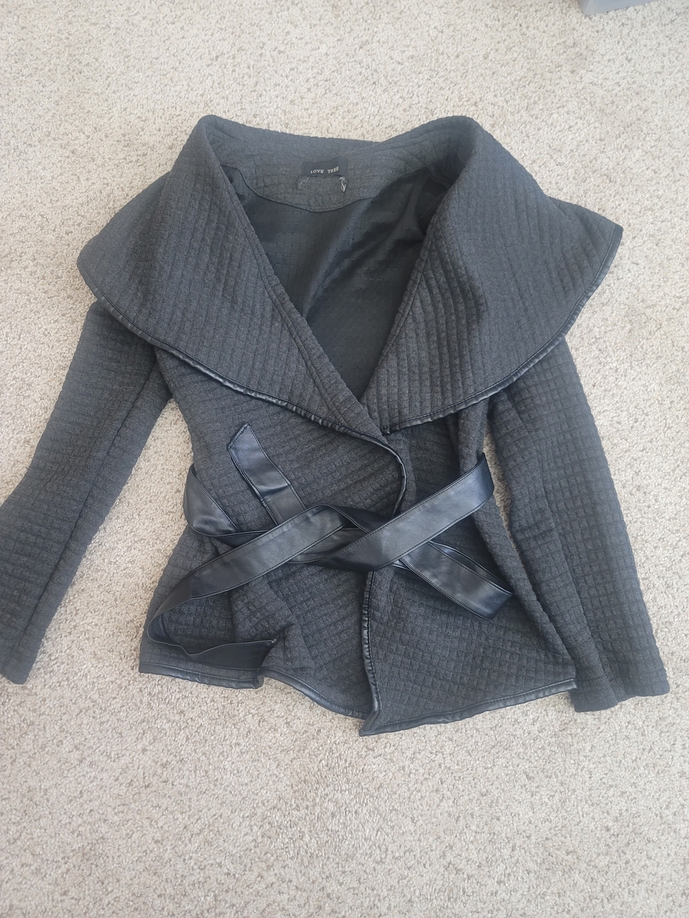 Love Tree Black Quilted Wrap Jacket with Shawl Collar and Faux-Leather Belt
